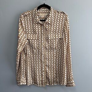 Michael Kors Chain Printed Long-Sleeve Button-Up Shirt in White and Brown Size L
